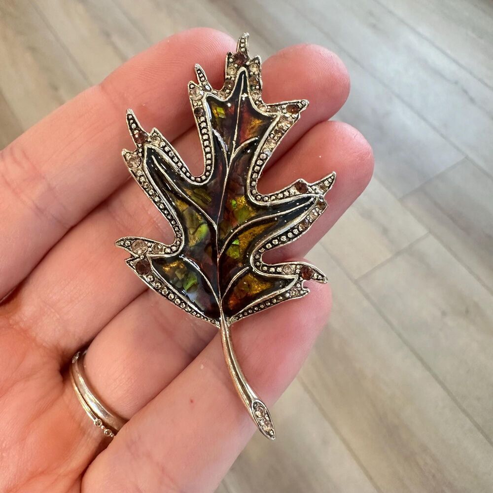 Vintage Liz Claiborne Signed Leaf Brooch Pin Enamel Gold Tone Rhinestones Fall